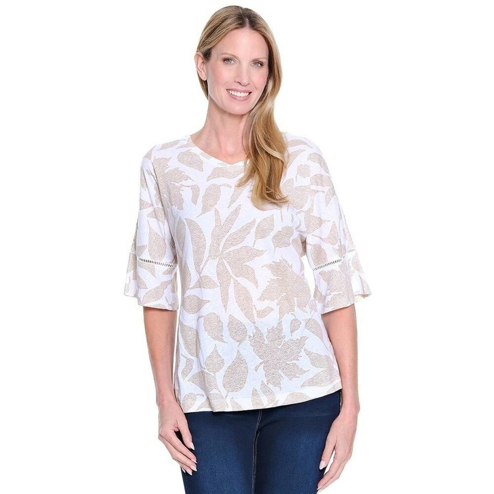Ali Miles Large Top Beige Soft Linen Speckled Leaf Lace Eyelet 3/4 Dolman Sleeve